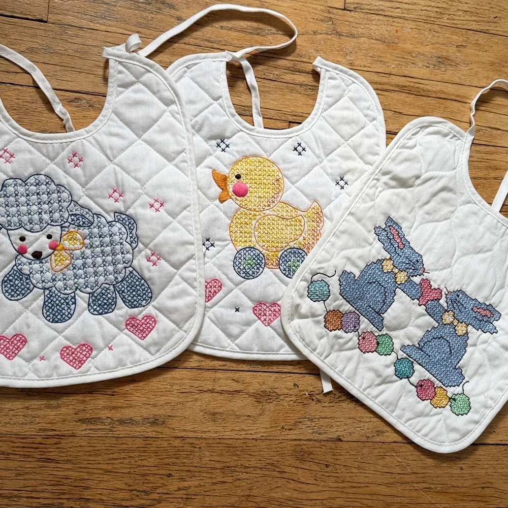 Vintage Quilted Embroidered Baby Bib Set